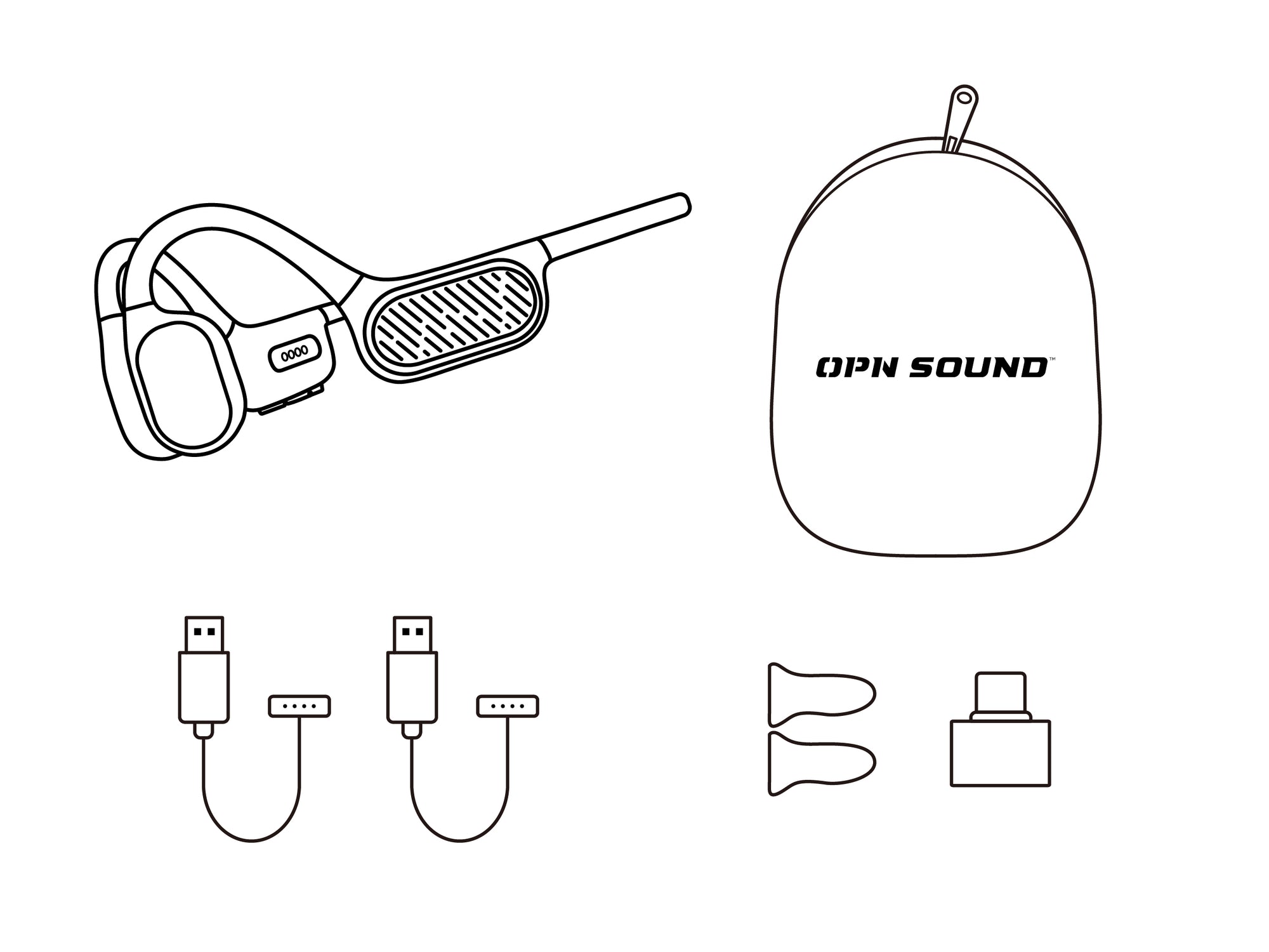Includes Swym+ headphones, carrying pouch, two magnetic charging cables, earplugs, and USB-C adaptor